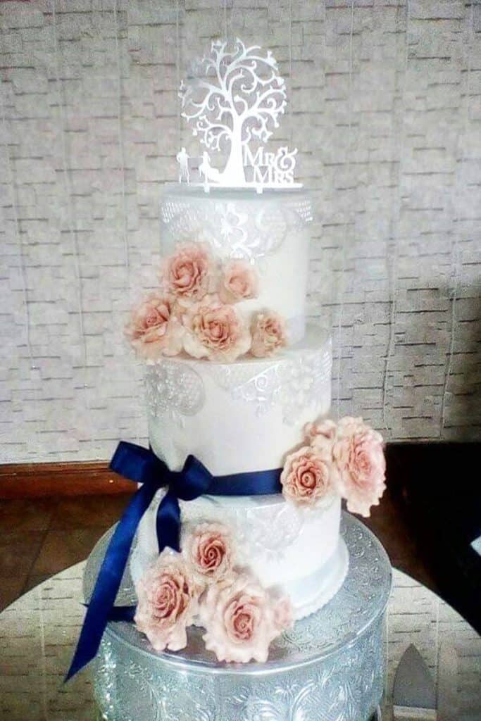 Beautiful white and silver wedding cake in Howick KZN Midlands