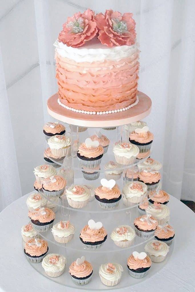 Peach ombre wedding cake with cupcake tower in Howick KZN Midlands