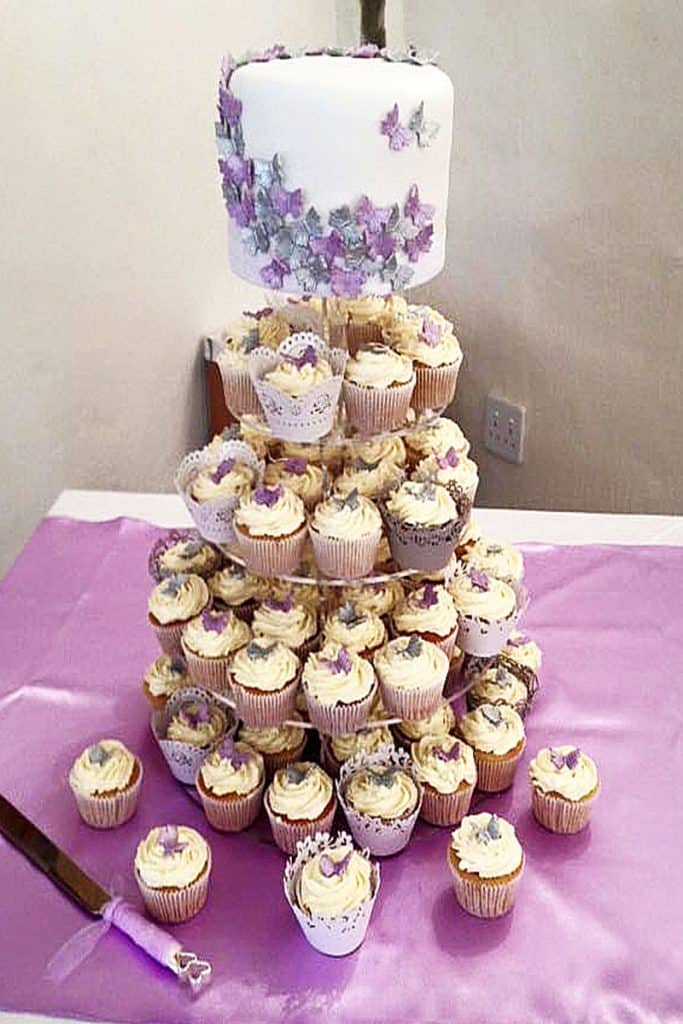 Whymsical cupcake and single tier wedding cake with butterflies in Howick KZN Midlands