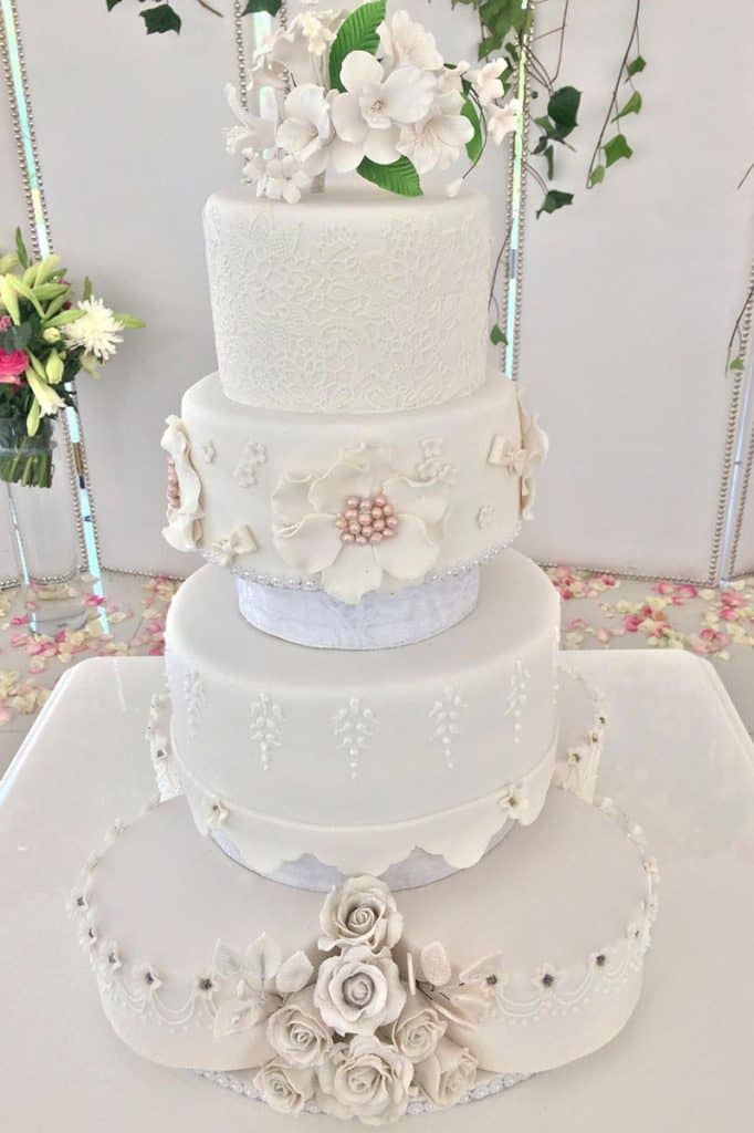 Elegant royal wedding style white cake in Howick KZN Midlands