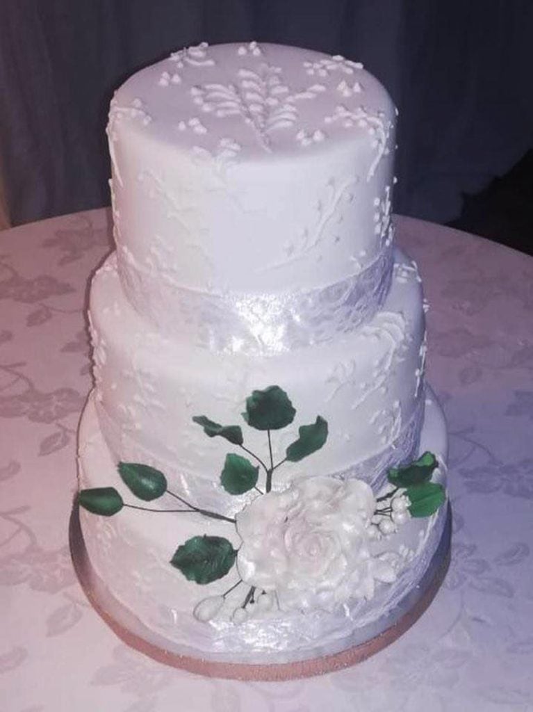 White wedding cake with royal icing piping in Howick KZN Midlands